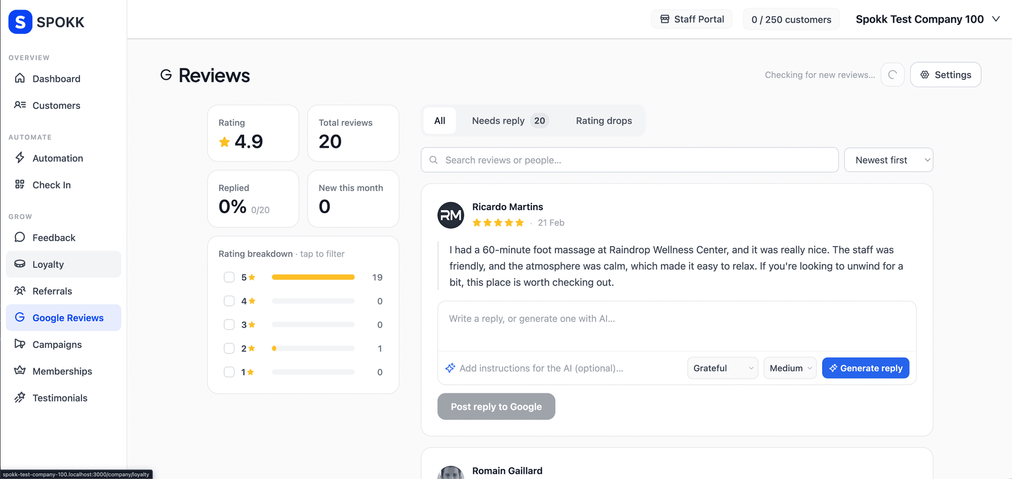 Spokk Google Reviews dashboard showing the rating breakdown, a five-star customer review, and the AI reply composer ready to generate a response