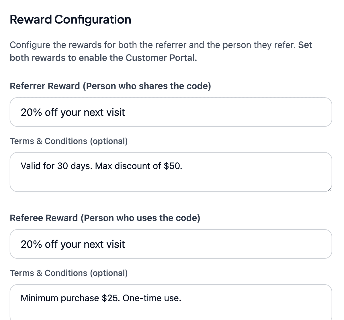 Referral reward configuration showing referrer and referee rewards